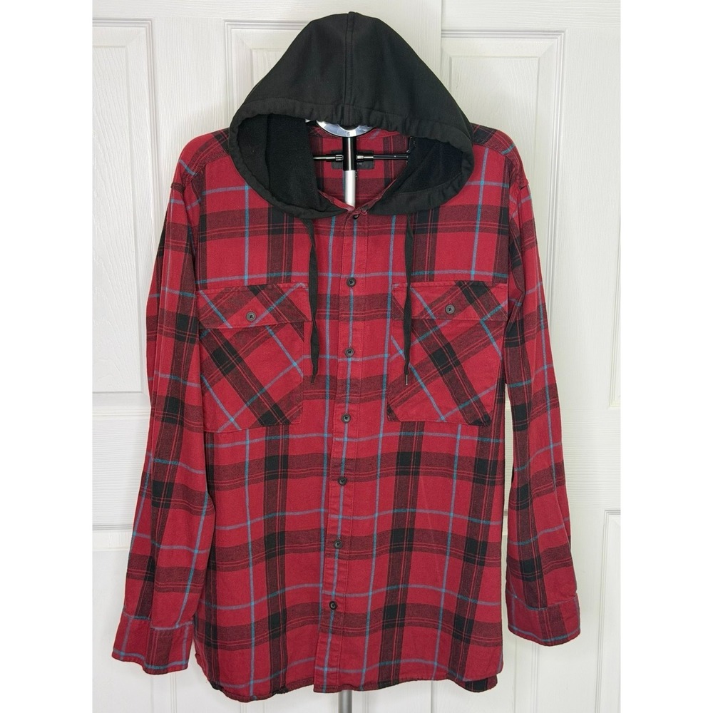 No Boundaries Mens 3XL Red Plaid Hooded Flannel Shirt Oversized Fit 54-56